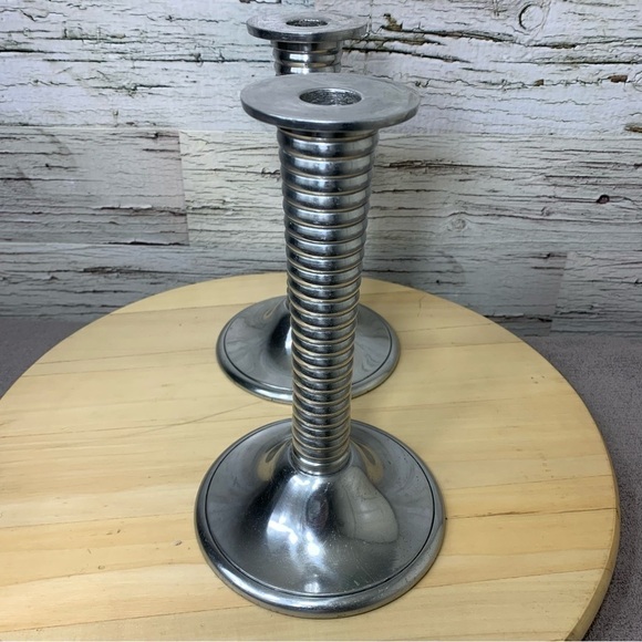 vintage Chrome Art Deco Inspired Tall Candlestick Holder Set Swirled Leg Stand - Picture 7 of 11
